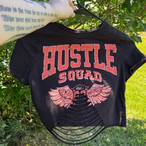 WINDSOR - “Hustle Squad Slashed Crop Top” Distressed/Cropped/Black/Orange 🖤🧡